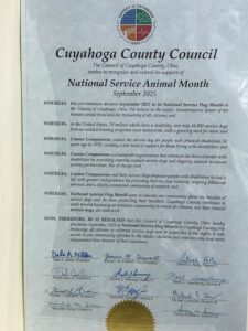 A proclamation from the Cuyahoga County Council declaring September 2025 as National Service Dog Month, outlining the importance of service dogs for individuals with disabilities and the mission of Canine Companions.