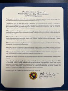 Official proclamation from the Mayor of Oceanside, Esther C. Sanchez, declaring September 2025 as National Service Dog Month in honor of Canine Companions, highlighting the importance of service dogs for individuals with disabilities and the organization's contributions to the community.
