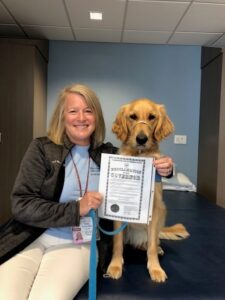 A smiling woman with long, straight hair is sitting next to a golden retriever. She is holding a certificate titled 'Proclamation Covenant' while the dog wears a harness. They are in a bright room, possibly a veterinary clinic, with a blue wall in the background and a table behind them.