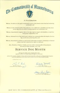 Official proclamation from the Commonwealth of Massachusetts, declaring September 2025 as Service Dog Month, highlighting the importance of service dogs for individuals with disabilities and urging community participation in the observance of this event. The document includes signatures from the Governor, Lt. Governor, and Secretary of the Commonwealth.