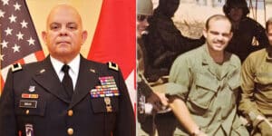 A split image showing two photographs side by side. On the left, a senior military officer in a formal uniform stands in front of American and military flags, wearing various medals. On the right, a younger soldier in military fatigues smiles while sitting among other soldiers in a casual outdoor setting.
