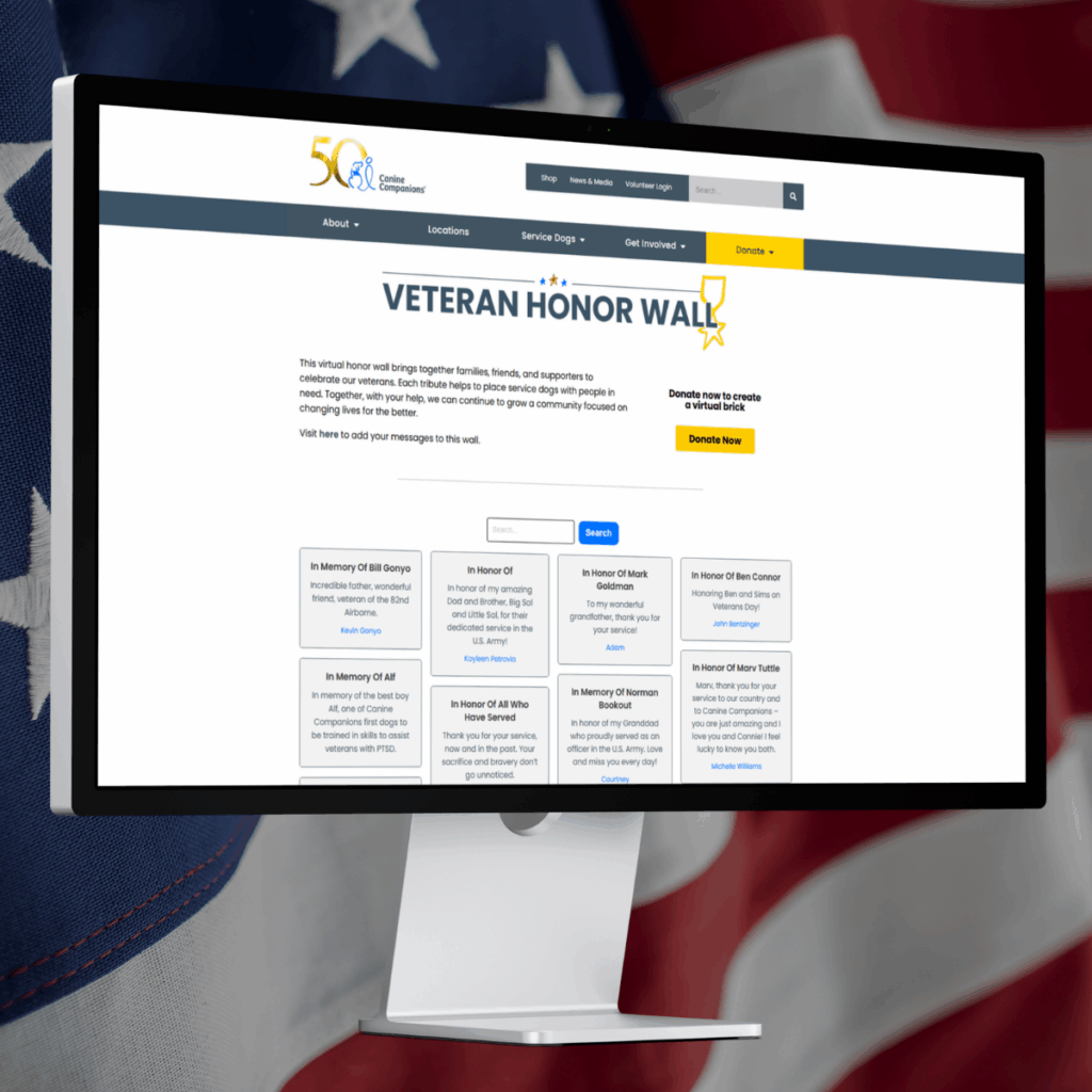 A computer monitor displaying a webpage titled 'Veteran Honor Wall' which serves as a tribute to veterans, featuring multiple messages of support and memories from families and friends. The background includes elements of the American flag.