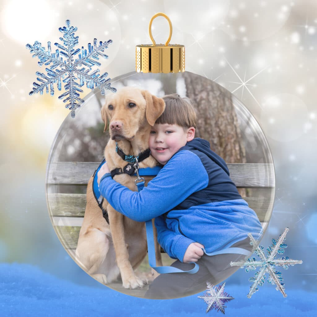 A young boy in a blue jacket hugging a yellow Labrador on a wooden bench, framed inside a transparent Christmas bauble with a gold cap against a sparkly snowy background decorated with blue snowflakes.