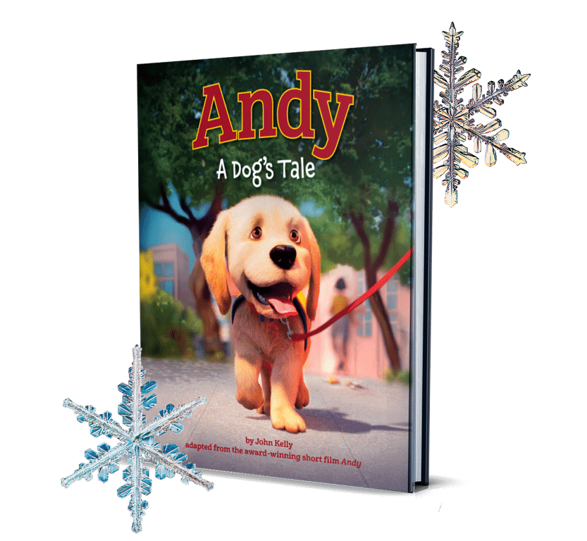 A colorful book cover titled 'Andy: A Dog's Tale' features an animated golden retriever puppy with a cheerful expression on a leash, set against a background of trees and buildings, with snowflakes added to the corners for decoration. The author is John Kelly, and the book is adapted from an award-winning short film.