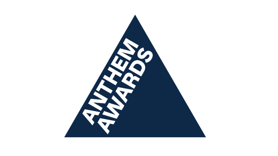 Navy-blue triangular logo with the white uppercase words ANTHEM AWARDS stacked diagonally along the left side.