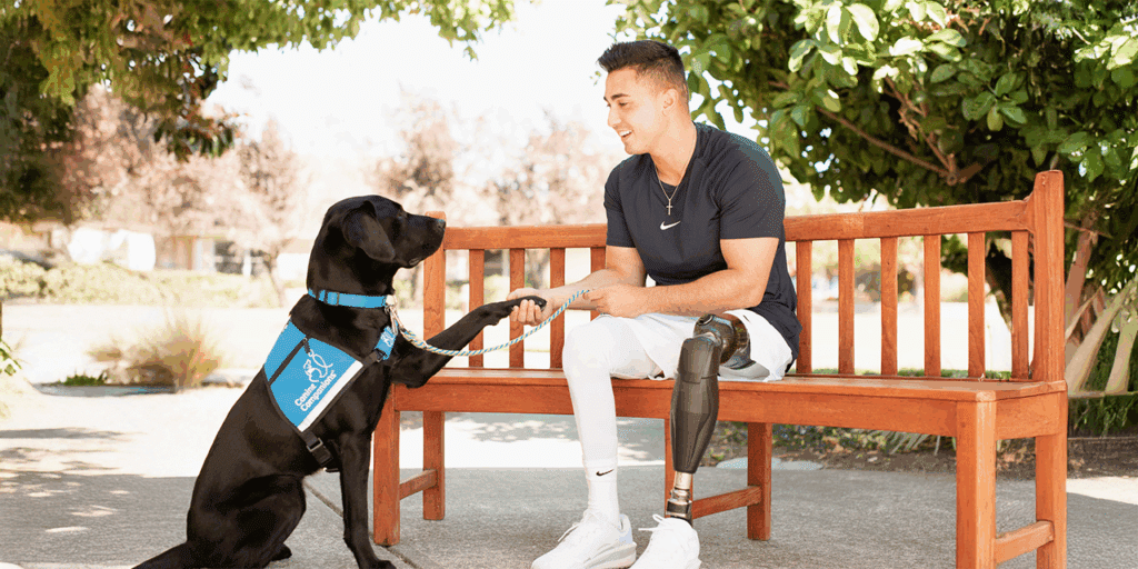 A young man with a prosthetic leg sitting on a wooden bench, smiling and gently shaking hands with a black Labrador Retriever wearing a blue service vest, in a sunny outdoor setting with greenery in the background.