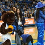 On a college basketball court, two young women pose with a brown bear mascot holding blue-and-yellow pom-poms and a black service dog in a blue vest, while a person in a sparkly blue hat and a dog-like team mascot in purple stand nearby and fans watch from the stands.