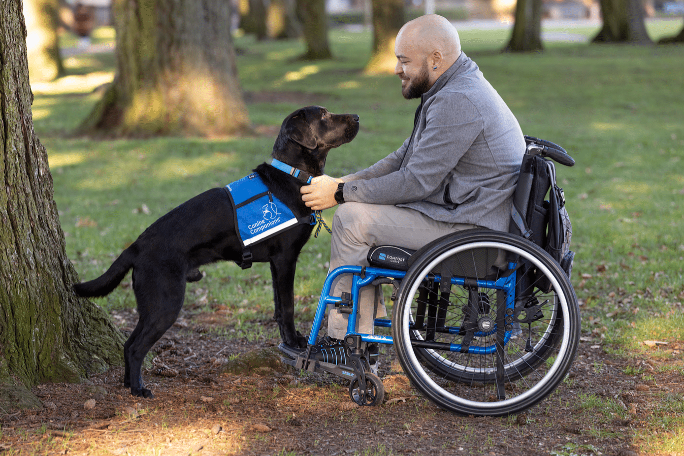 Man in a wheelchair smiling as a black service dog in a blue Canine Companions vest looks at him in a park