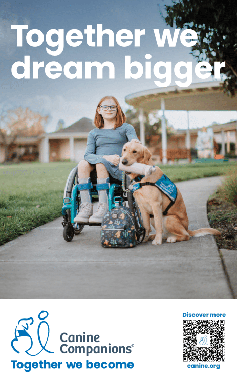 Girl in a wheelchair outdoors with a blue-vested service dog beside her, promotional headline and Canine Companions logo below.