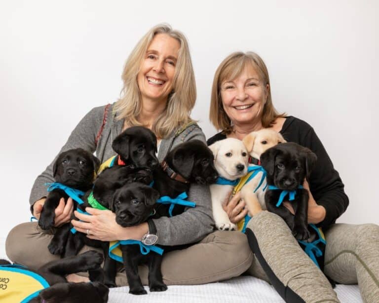 Two smiling middle-aged women sitting against a white background, each holding a cluster of black and yellow Labrador puppies wearing bright blue and yellow bandanas.