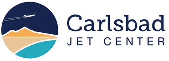 Carlsbad Jet Center logo showing circular coastal graphic with airplane silhouette over dunes and ocean