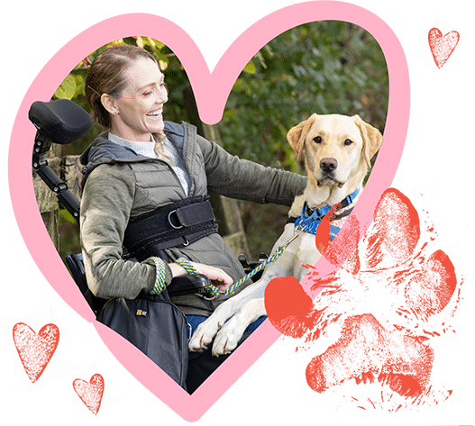 Woman smiling in a wheelchair with a yellow lab service dog beside her, framed by a pink heart and red brush-stroke shapes.