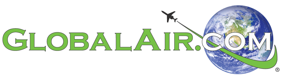 GlobalAir.com logo with green serif text, a small airplane silhouette and green swoosh circling a photo of Earth