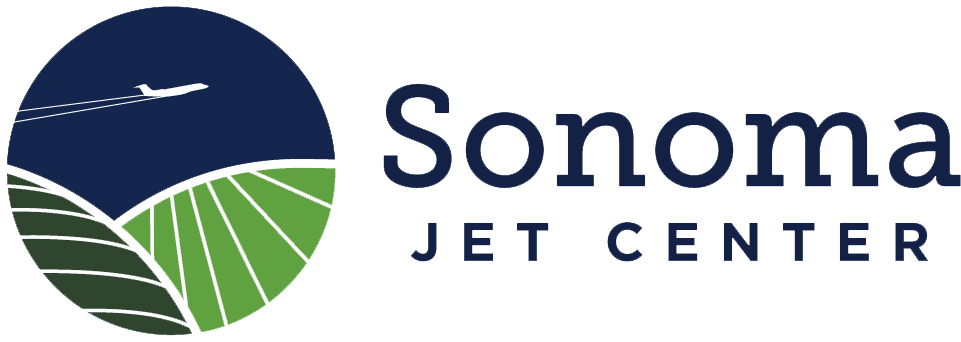 Circular logo showing a jet flying over stylized green fields with the text Sonoma Jet Center.