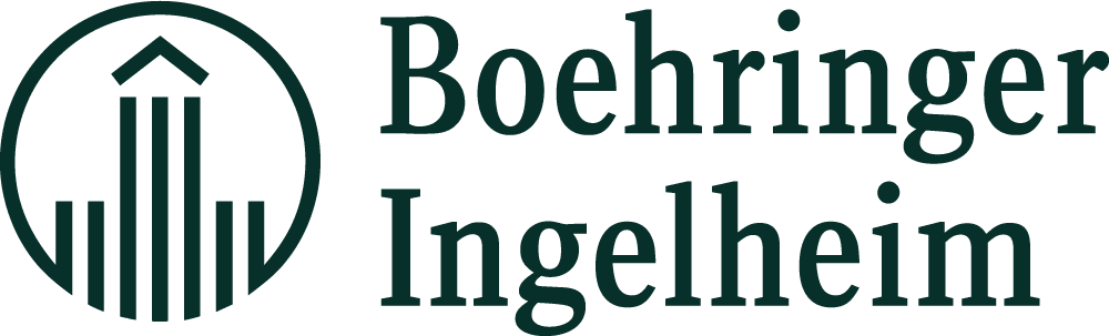 Boehringer Ingelheim logo with circular emblem depicting stylized vertical bars forming a tower and upward arrow