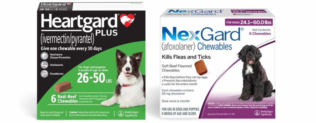 Two dog medication boxes: Heartgard Plus (26–50 lb) with a border collie on green/black packaging, and NexGard Chewables (24.1–60 lb) with a black dog on white/purple packaging.
