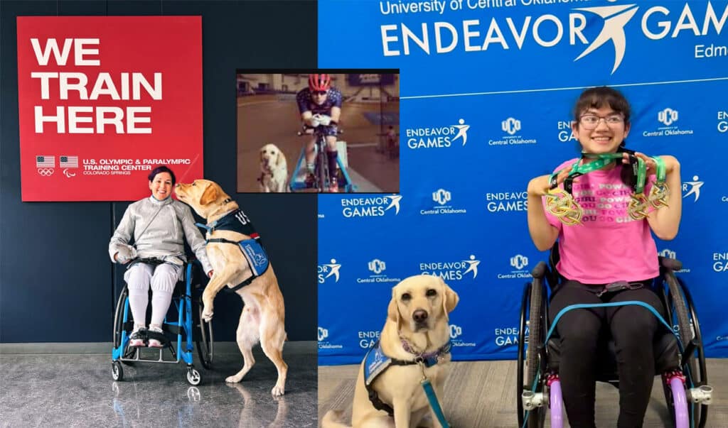 Two wheelchair athletes with service dogs in front of WE TRAIN HERE and Endeavor Games backdrops, one smiling and holding several medals.