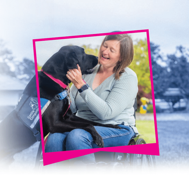 Woman in a wheelchair smiling and petting a black service dog wearing a vest labeled "Canine Companions."