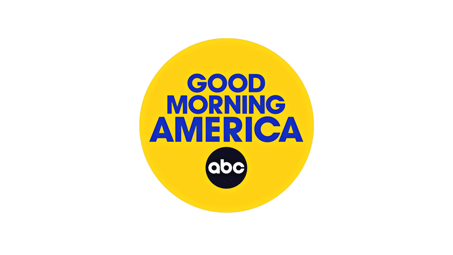 Good Morning America logo showing blue stacked text inside a yellow circle with a small black circle bearing abc