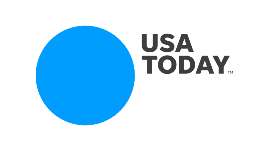 Large bright blue circle to the left of dark gray uppercase text reading USA TODAY.