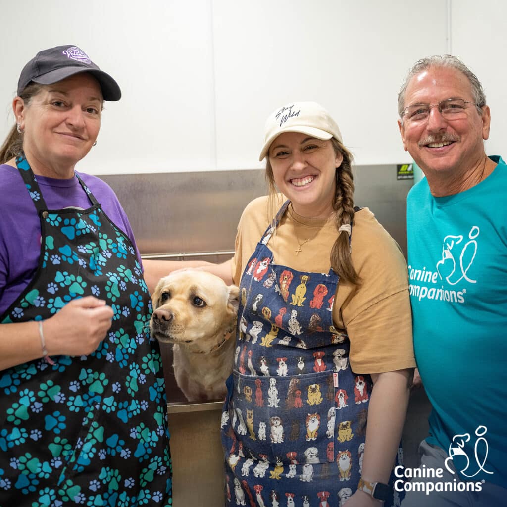 Three smiling volunteers in aprons stand around a yellow Labrador in a stainless grooming tub, Canine Companions logo visible.