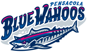 Stylized Pensacola Blue Wahoos logo featuring bold script "Blue Wahoos" text above a fierce blue and pink striped wahoofish illustration swimming left with a shadowed outline