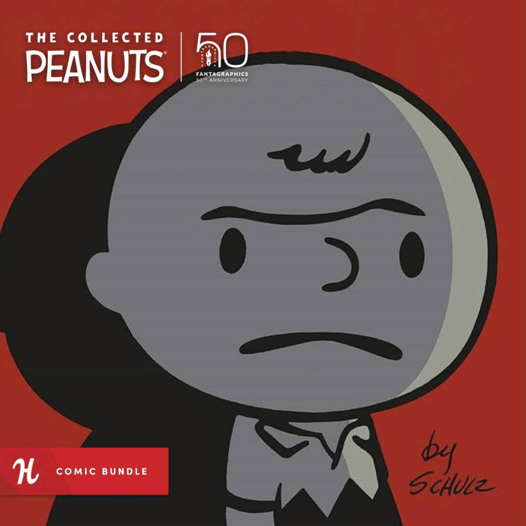 Stylized close-up of Charlie Brown's face with a somber expression against a red background, "by Schulz" signature.
