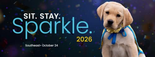 Yellow Labrador puppy wearing a blue ribbon and gold bow, against a dark confetti background with "Sit. Stay. Sparkle. 2026" text