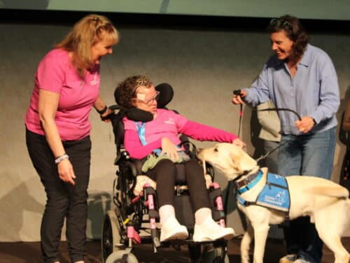 Young girl in a wheelchair wearing pink reaches to pet a service dog in a blue vest while two women assist and smile.