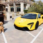 Yellow McLaren sports car with Canine Companions branding parked beside a dog statue and thank-you sign outside a building