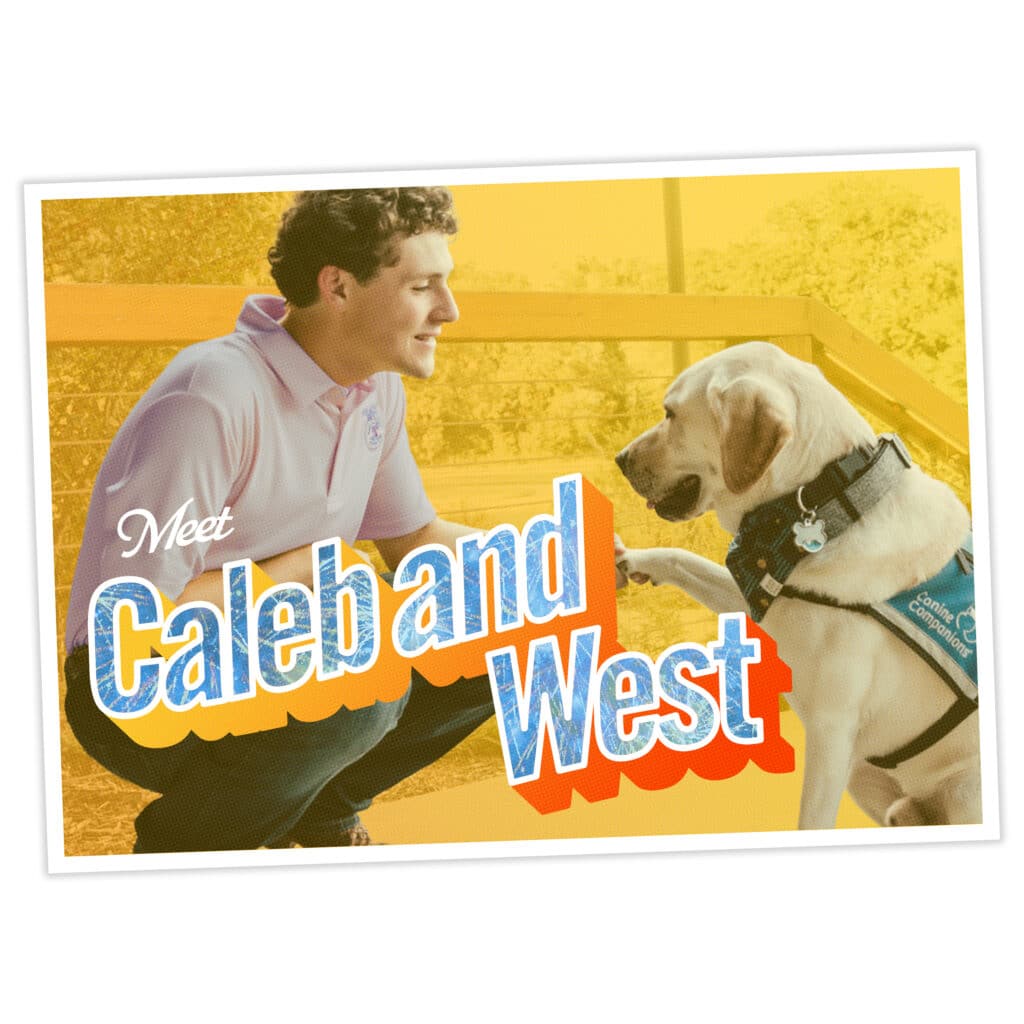 Young man kneels beside a Labrador wearing a blue service dog vest, with Meet Caleb and West text
