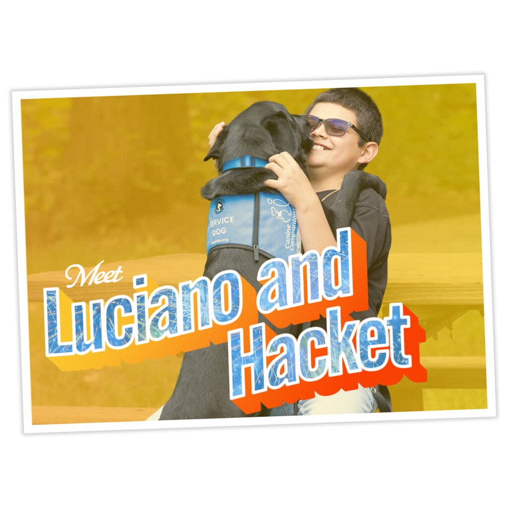 Boy hugs black service dog in a blue vest, with Meet Luciano and Hacket text