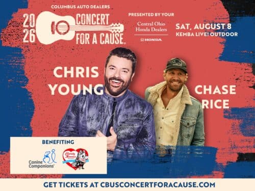 Concert for a Cause poster featuring Chris Young and Chase Rice, with Canine Companions listed as a beneficiary and ticket details