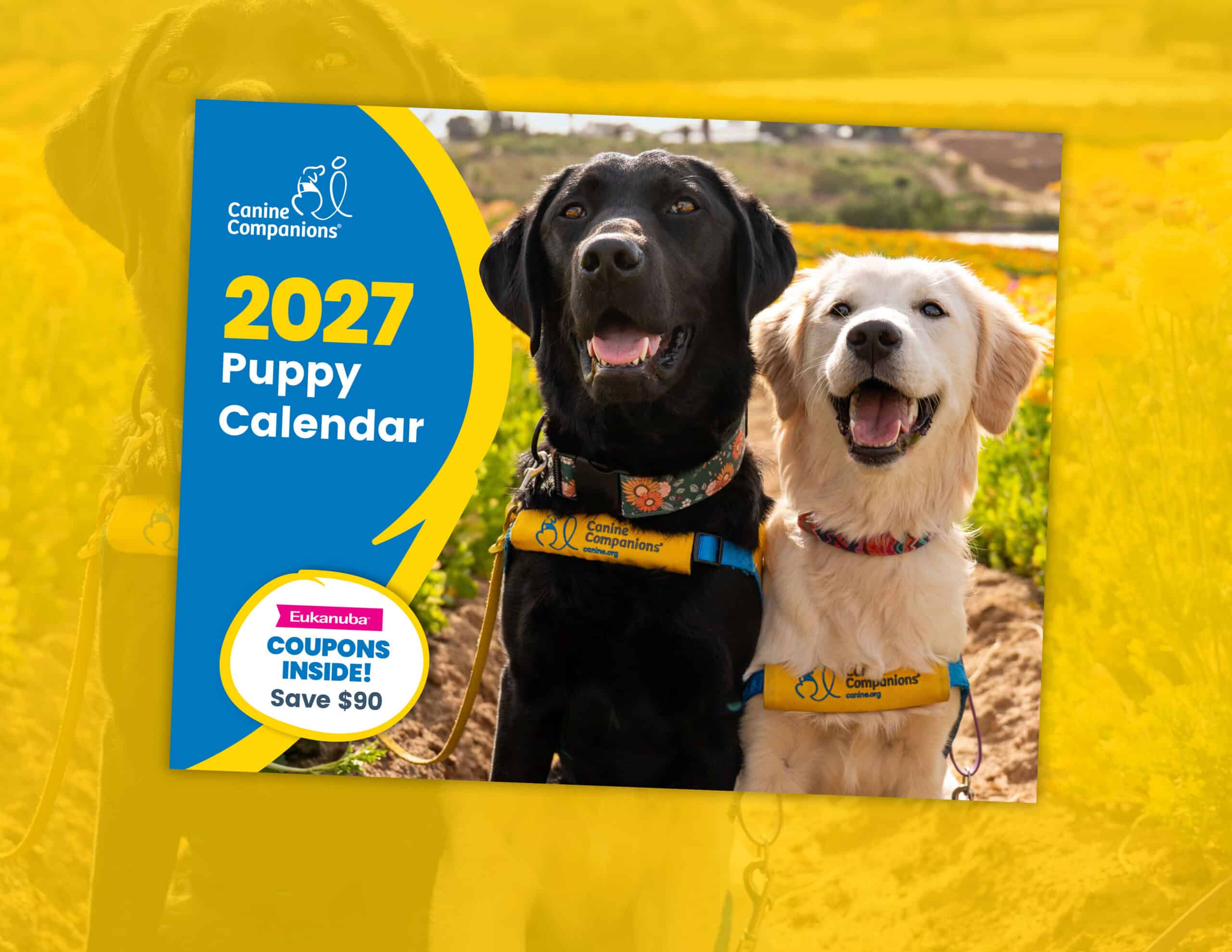 2027 Canine Companions puppy calendar cover with two puppies wearing yellow puppy vests and one in a blue vest; coupon badge shown
