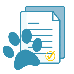 Icon of a paw print next to a form with a check mark indicating a pledge