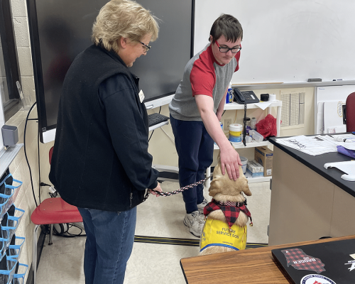 A person pets a future service dog that is wearing a yellow vest, while another person holds the dog's leash in a classroom.